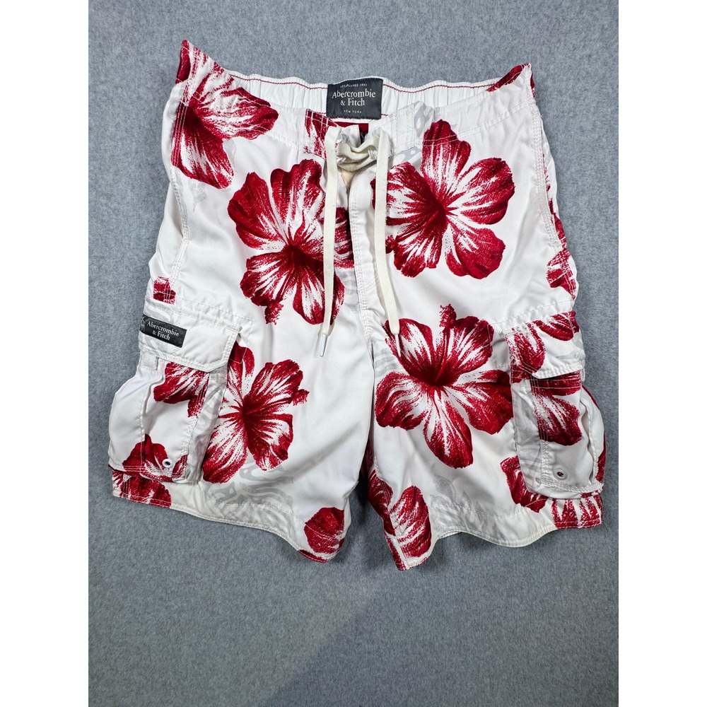 Abercrombie & Fitch Mens XL Board Shorts White Red Floral Cargo Swimwear